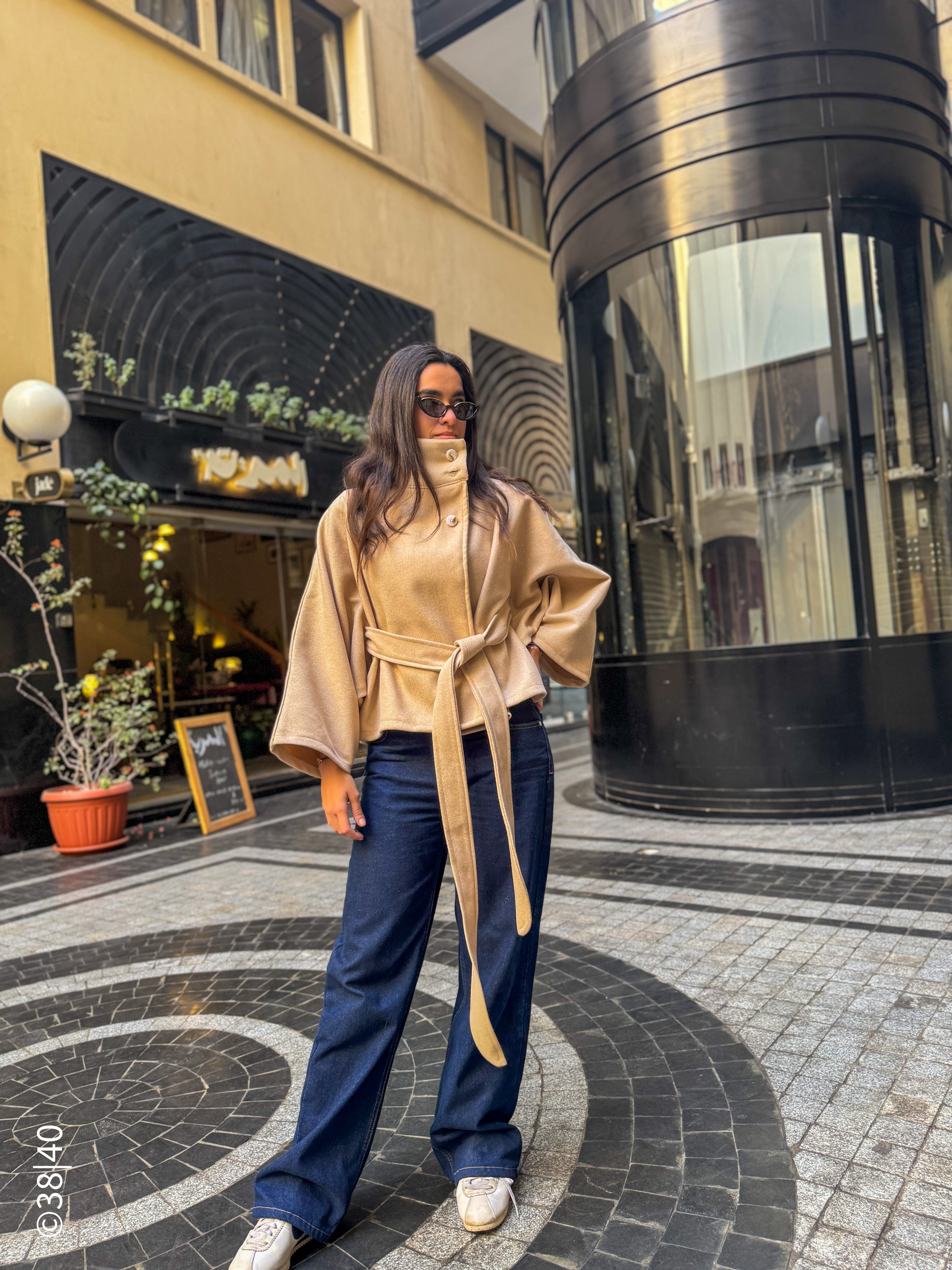 Beige Aura Belted Cape Jacket