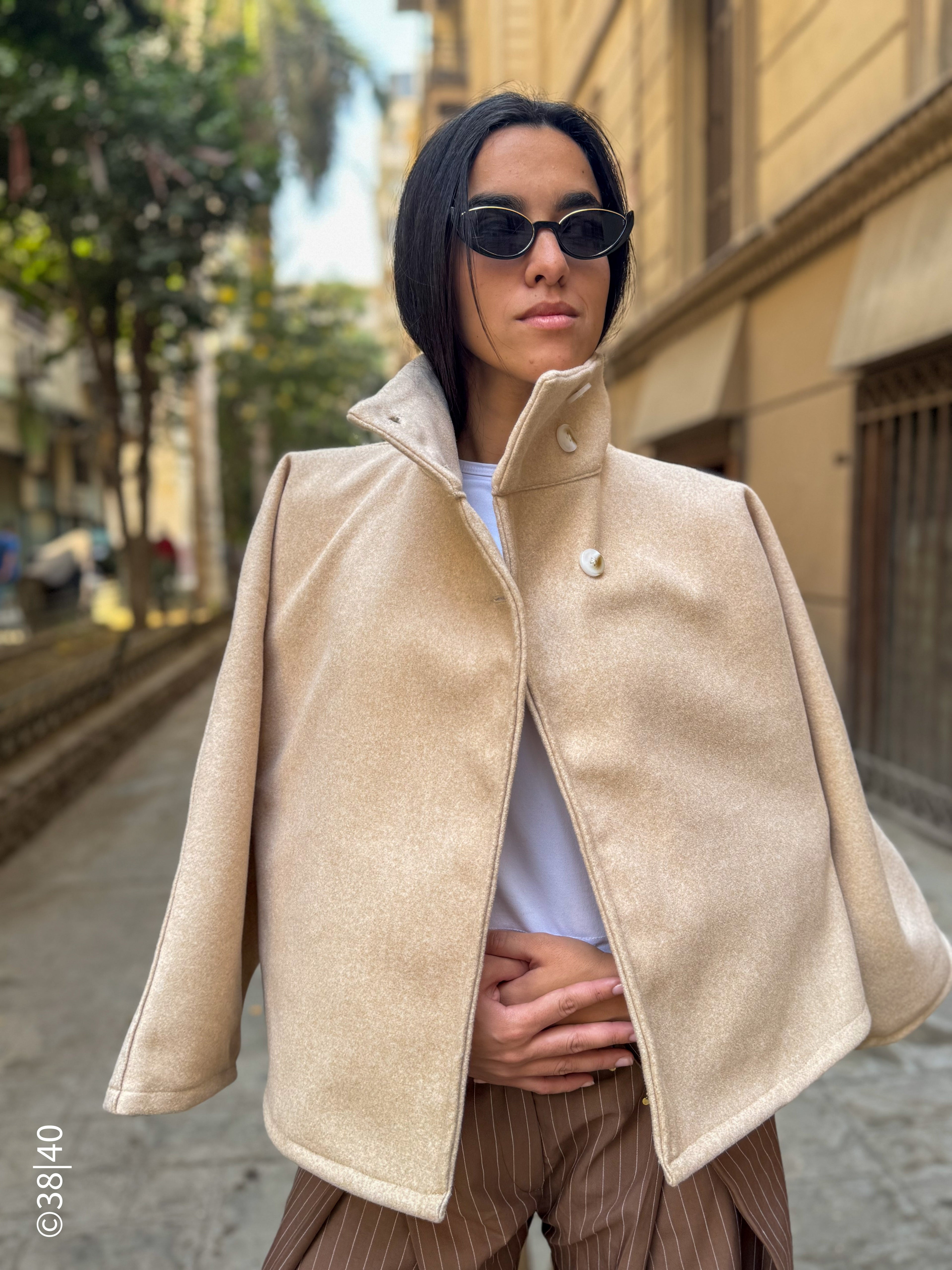 Beige Aura Belted Cape Jacket